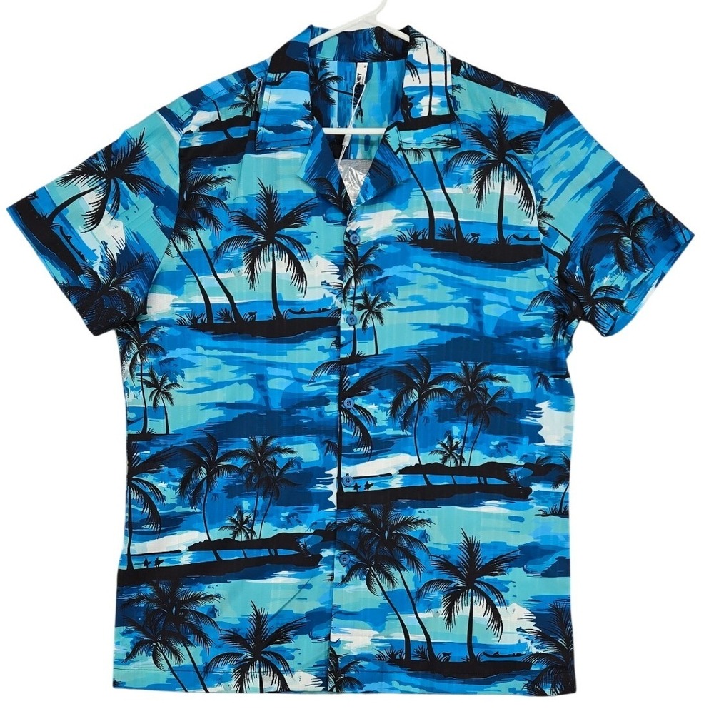 Coofandy Tropical Palm Tree Shirt Mens Medium Blue NWT Short Sleeve Button Down